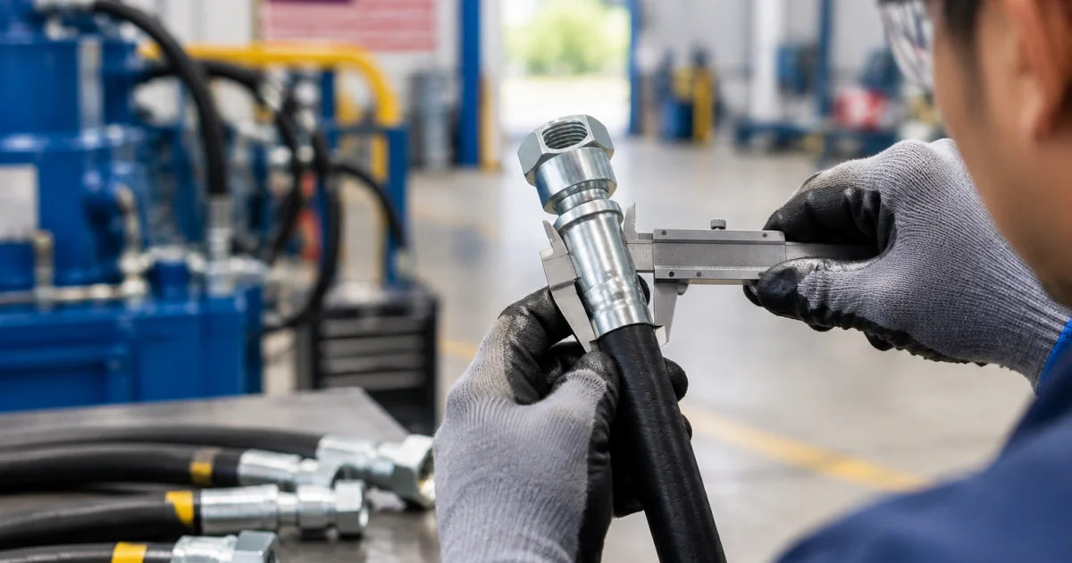 Technician measuring a crimped hydraulic hose fitting as part of quality inspection before installation